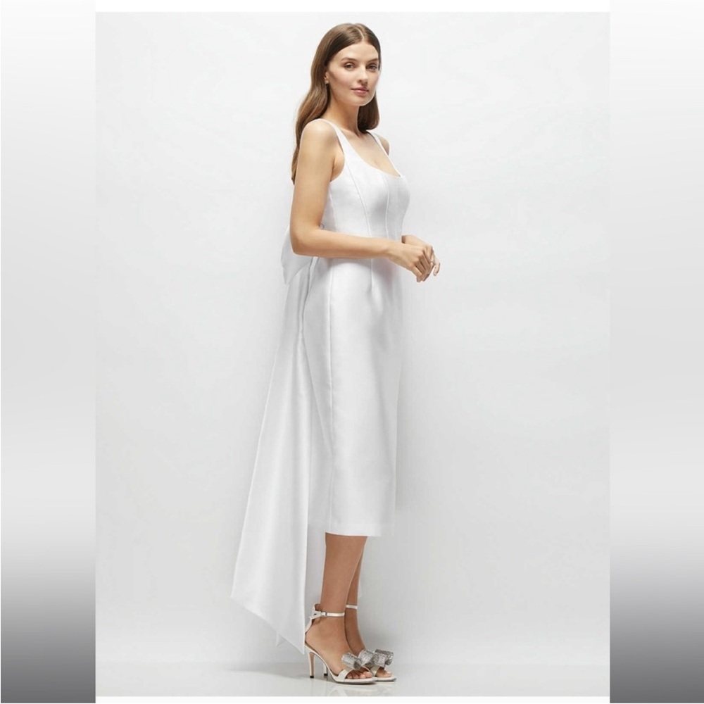 Dessy NWT White Midi Dress with Drape Back & Oversized Bow size 10